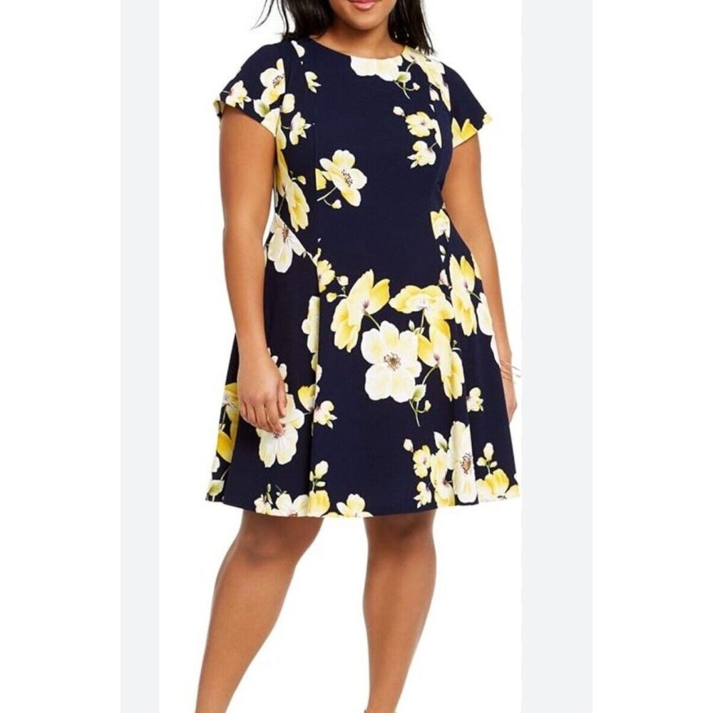 Jessica Howard Women's Plus Navy Blue Yellow Flowers A Line Dress Size 16 W
